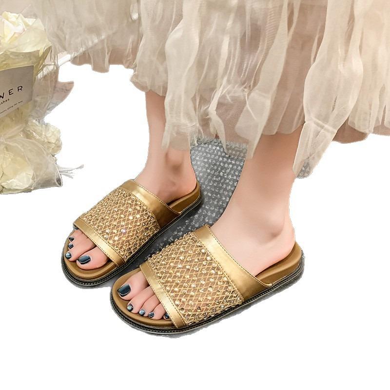 Mesh breathable rhinestone open-toed slippers women's summer wear casual vacation style with skirt beach sandals