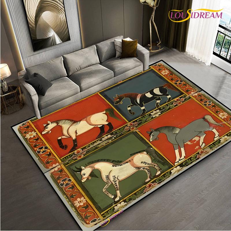 Fashion Ethnic Frame Carpet Horse Home Decor Rectangle Room Rug Black Green Orange Living Room Bedroom Bedside Floor Table Mat