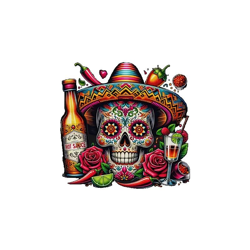 Mexikanischer Tag der Toten Schädel T-Shirt Schwarz Bunter Zuckerschädel mit Sombrero Rosen Chilischoten Tequilaflasche und Cocktail-Aufdruck für Party Festival