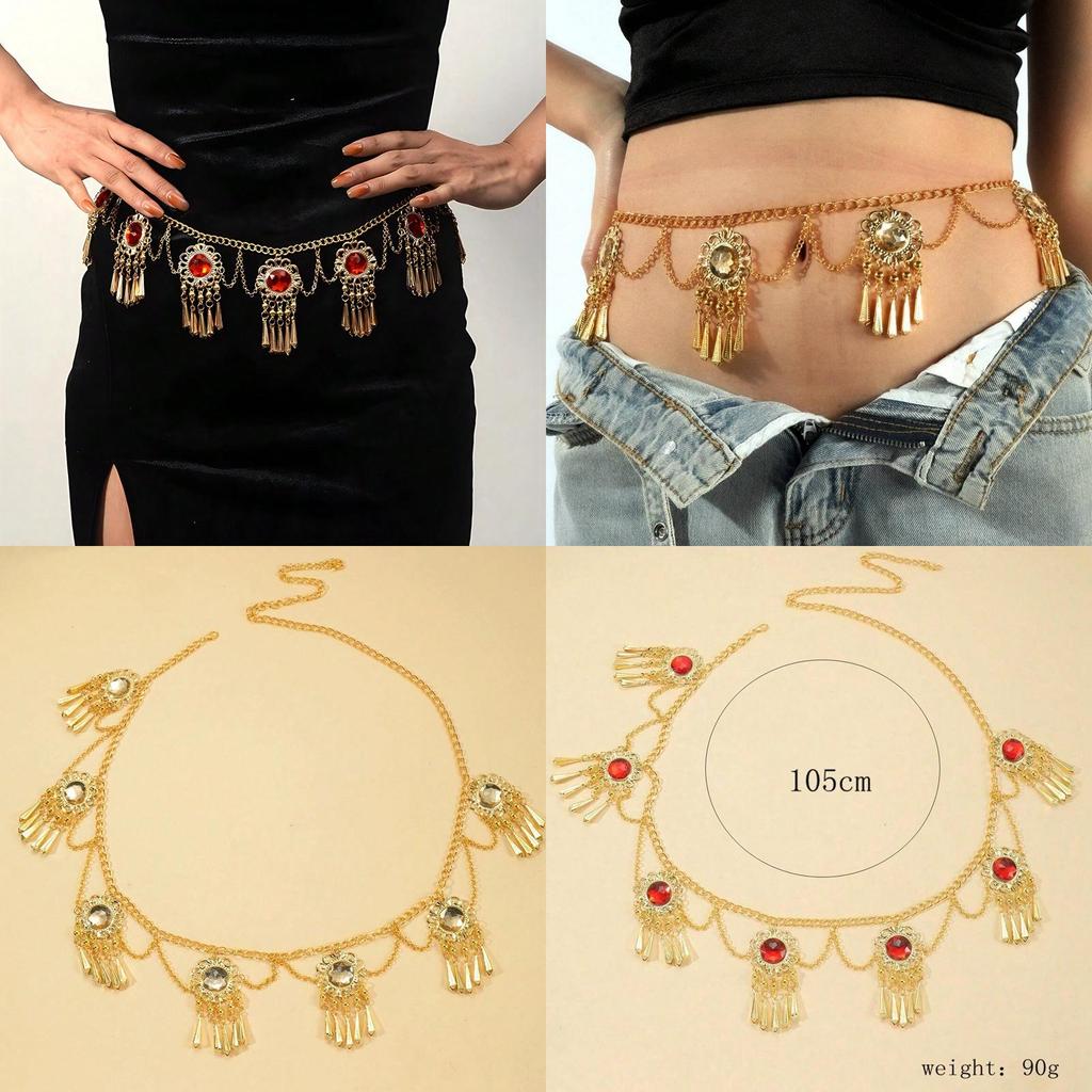 Ethnic Red Bohemian Acrylic Gemstone Fringe Waist Chain With Flower Pendant