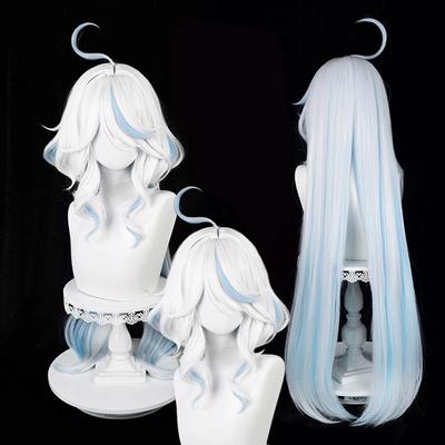Focalors Cosplay Pruik Lang Furina Pruiken Blauw Wit Krullend Dames Pruiken Hittebestendig Haar Anime Pruiken