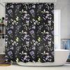 Luxurious Floral Print Shower Curtain Set Lavender Purple White Colors With Green Leaves For Bathroom Decor Black Background (Si