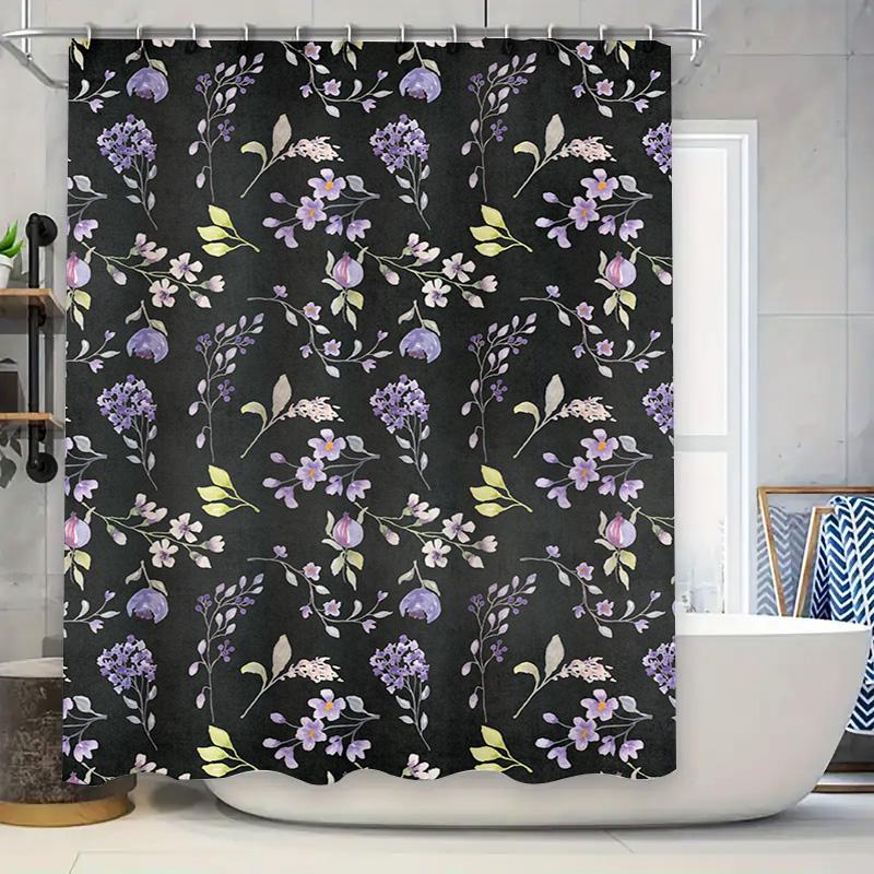 

Luxurious Floral Print Shower Curtain Set Lavender Purple White Colors With Green Leaves For Bathroom Decor Black Background (Si W60H190(CM)-1 Pcs