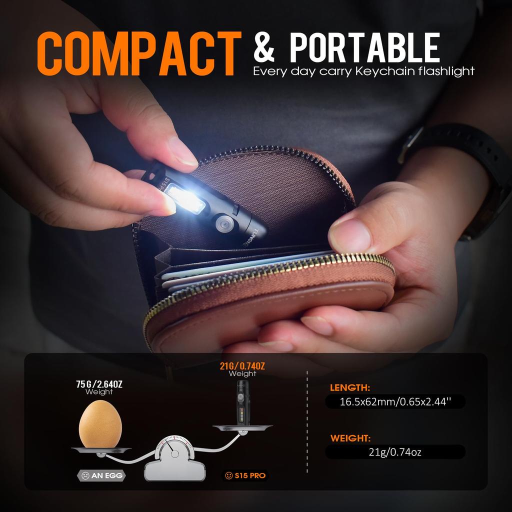 TUNENGE S15Pro Keychain 750 High Lumens EDC Pocket Flashlight with USB C Rechargeable Mini Flashlight with Perfect for and Repairs Flashlight, Clip,