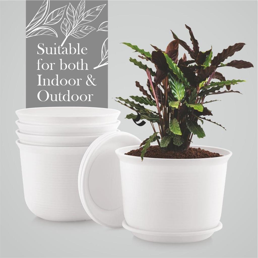 10 Zoll Runde Kunststoff-Blumentöpfe mit Untersetzern für Heim-Pflanzgefäße, Terrasse, Garten usw. | Weiß | für Zimmer- & Gartenpflanzen | 5 Stück |