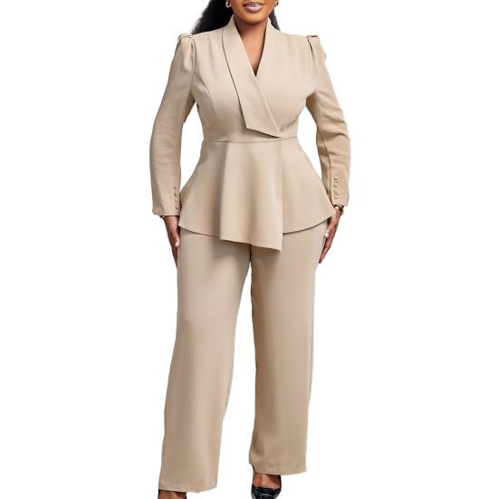 Damskie Zestawy 2-częściowe Plus Size Blazer z Długim Rękawem z Falbaną i Nierównym Dołem + Spodnie Garnitur Biznesowy Zestaw do Pracy Biurowej