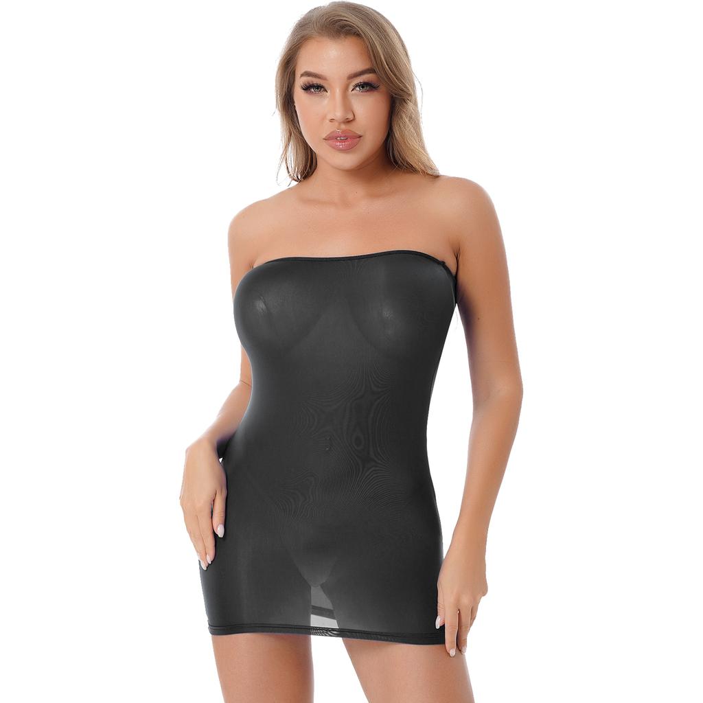 Womens Stretchy Strapless Pencil Dress Semi see through Mini Bikini Cover Ups