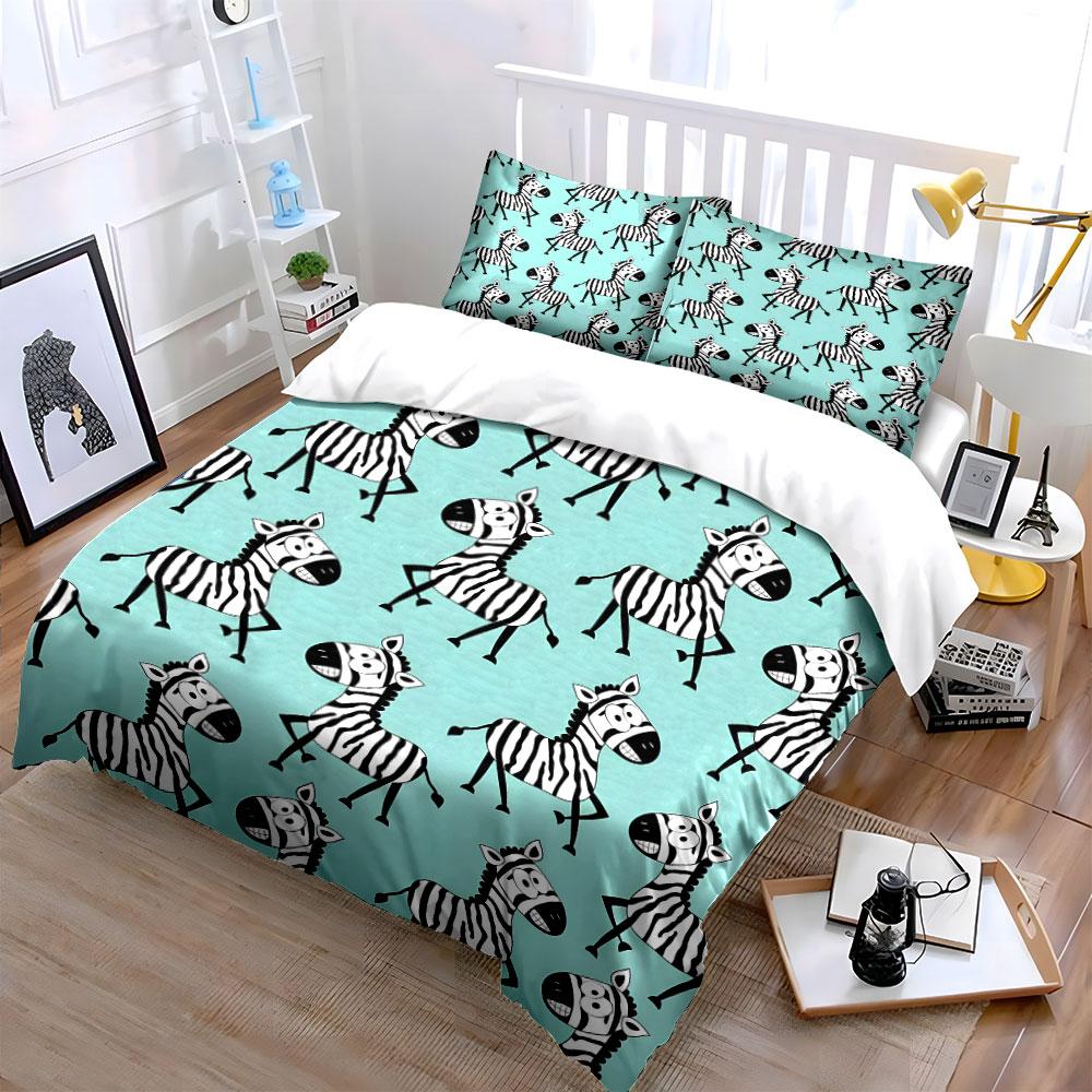 Smiling Zebra Pattern Print Bedding Duvet Cover Set (1*Duvet Cover 2*Pillowcases, Without Duvet Insert)