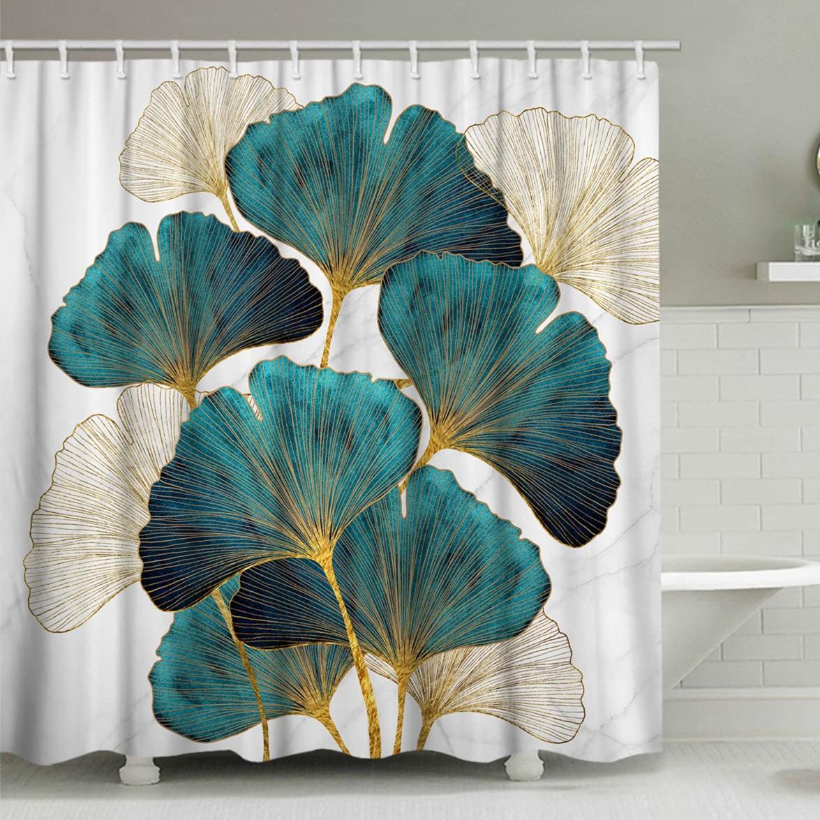 Textile Article Green/Gold Ginkgo Biloba Shower Curtain Ginkgo Leaves Modern Bathroom Shower Curtains Set Waterproof Botanical Bath Curtain Sets