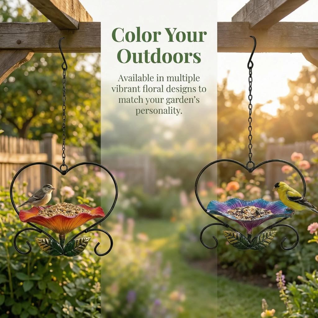 Metal Hanging Bird Feeder Outdoor Garden Decorative Bird Feeder with Floral Design and Heart Frame for Backyard Patio Porch Hanging