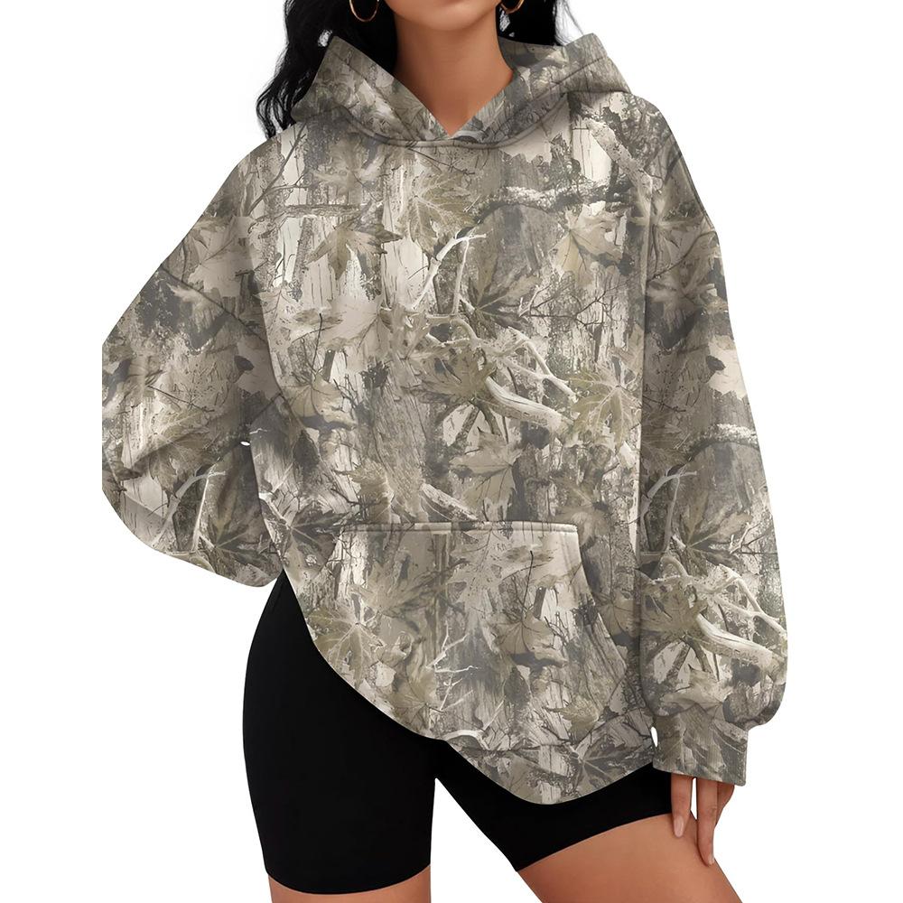 Fall/Winter New Style Women's Loose Fit Sport Shirt with Branch Pattern and Hooded Sweatshirt