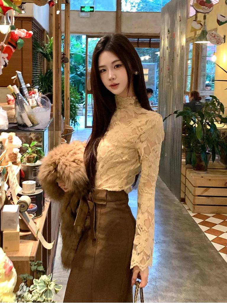 Elegant French-Style Lace Top with Velvet Lining and Half-High Collar