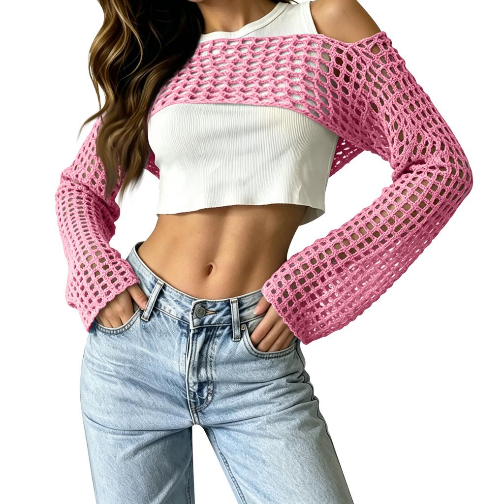 Women's Sunscreen Hollow Long Sleeve Backless Bikini Beach Dress Knit Sweater Cover-Up