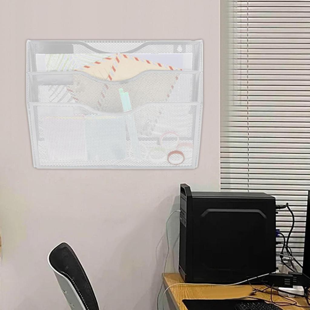 Mesh File Holder for Wall Mounting, Bookshelf Organizer with 3 Tiers Magazines And Newspapers