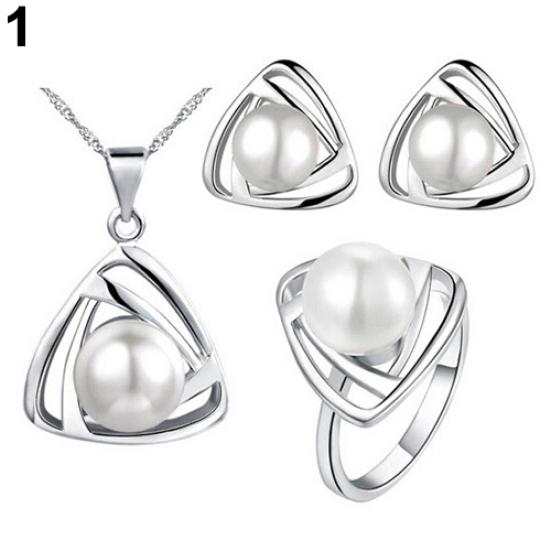Women's Party Jewelry Set Faux Pearl Triangle Pendant Necklace Earrings Ring