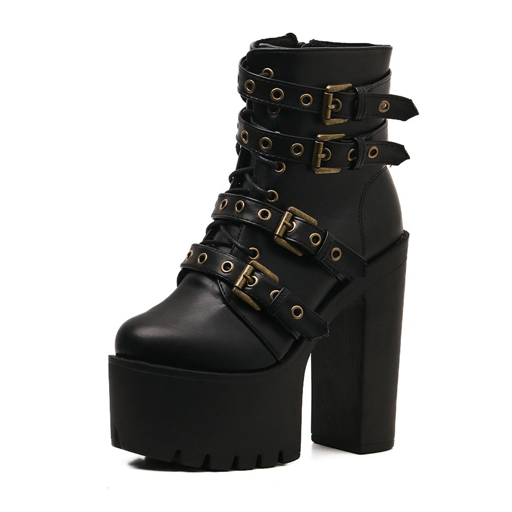 Gdgydh Women'S Goth Platform Boots Sexy Round Toe Block Heeled Shoes Buckle Strap Ankle Boots For Women Punk Style