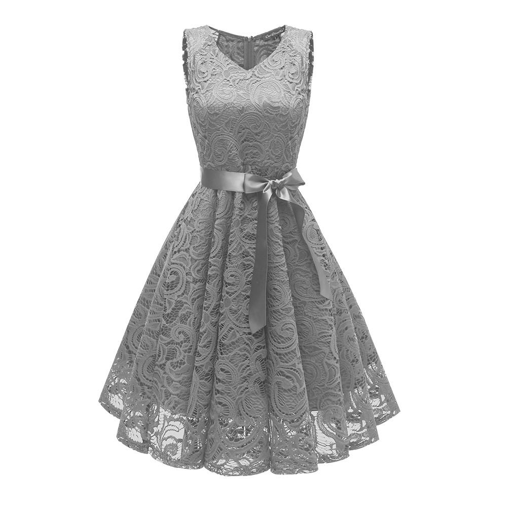 Women Vintage Princess Floral Lace Cocktail V-Neck Party Aline Swing Dress