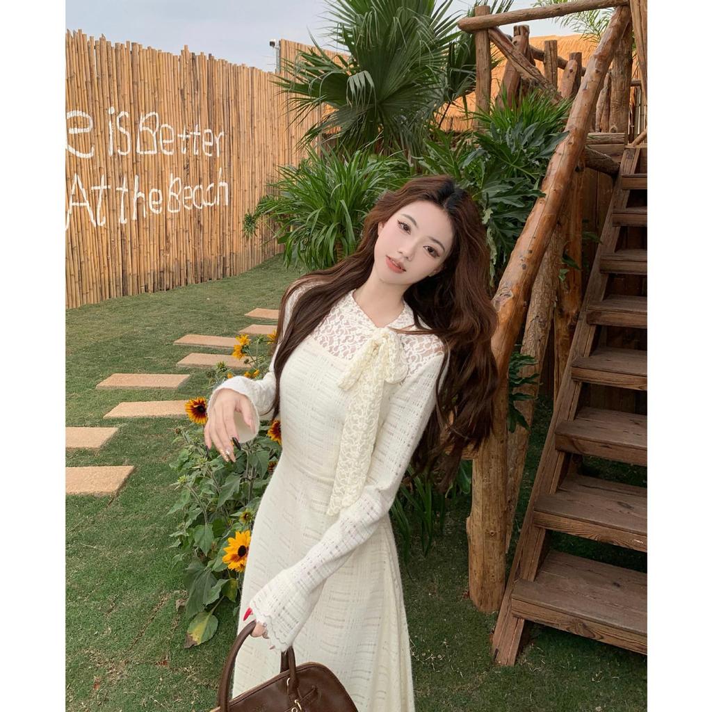 Women's High Neck Lace Crochet Dress with Bow Tie Waist, Long Sleeve, New 2026 Style