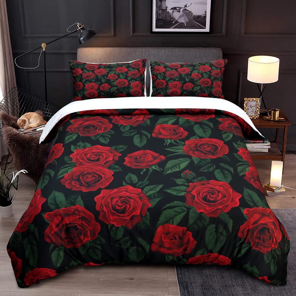 Valentine's Day Duvet Cover Set King Size,Red Truck Heart Tree Bedding Set,Rose Flowers Trailer Comforter Cover Romantic Gifts
