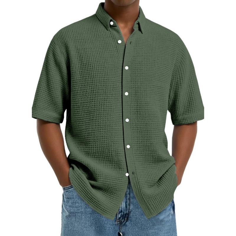 Men's Short-Sleeve Waffle-Knit Collared Shirt - Breathable Casual Button-Down Loose-Fit Top