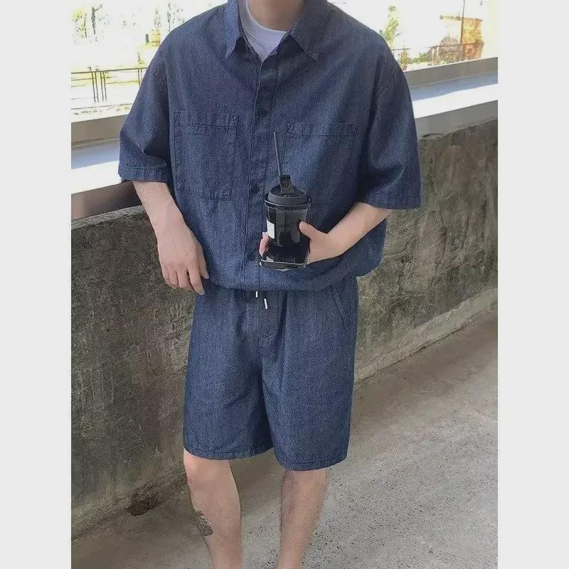2023 Summer Men's Wash Denim Two-Piece Suit: Short-Sleeved Shirt & Half Pants Casual Set