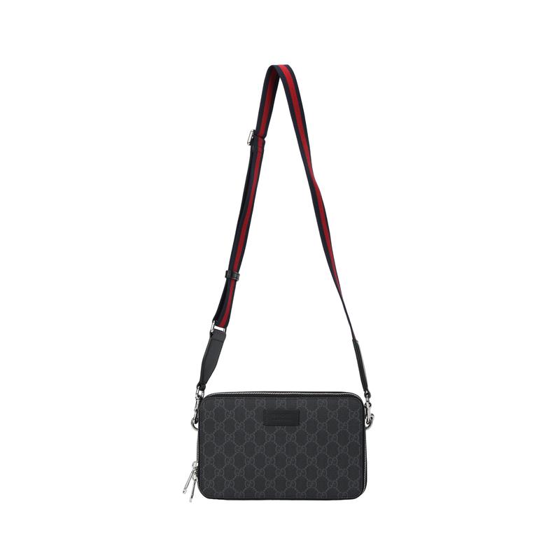 Gucci GG Supreme Detachable and Adjustable Webbing Bag with Zipper Closure Canvas and Leather Piping Crossbody Shoulder Bag Mini Men's Black