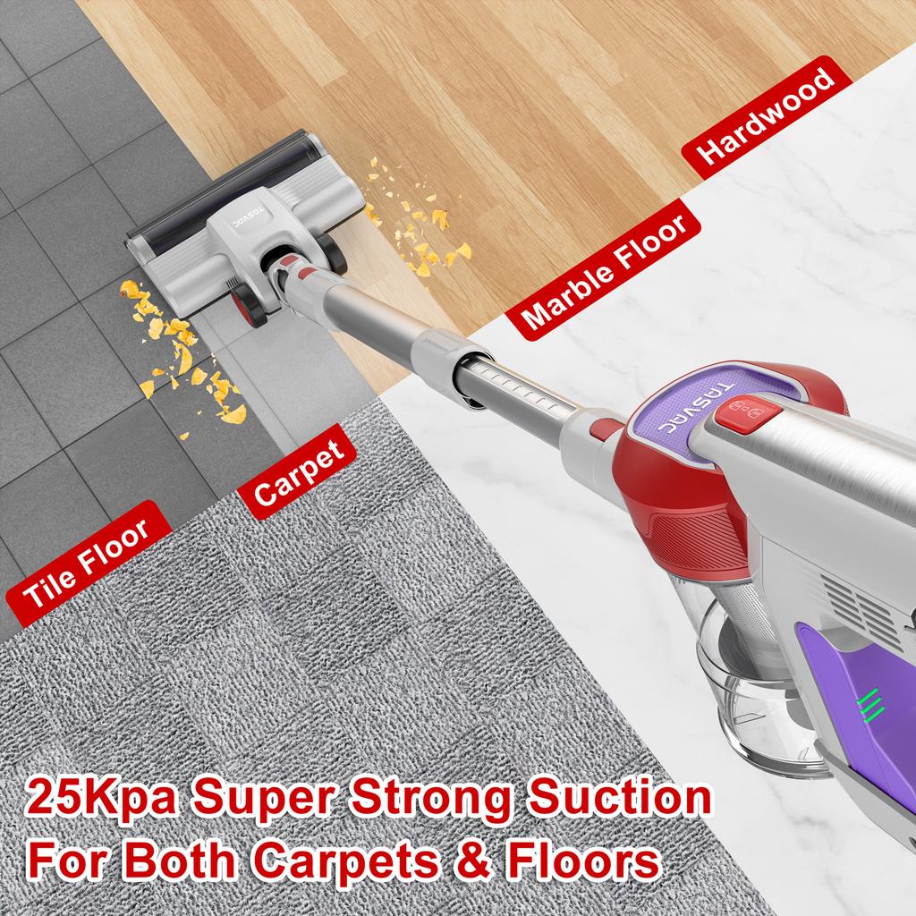 TASVAC S8 RED Cordless Stick Vacuum Cleaner with LED Display and Soft Roller Brush