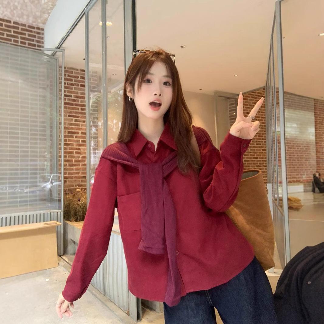 

Красная Классическая Стиль Гонконгский Стиль Поддельная Двухслойная Блузка-шаль для Женщин Весной и Осенью Последняя Свободная Посадка Дизайн Нишевая Длиннорукавная Блузка M красный