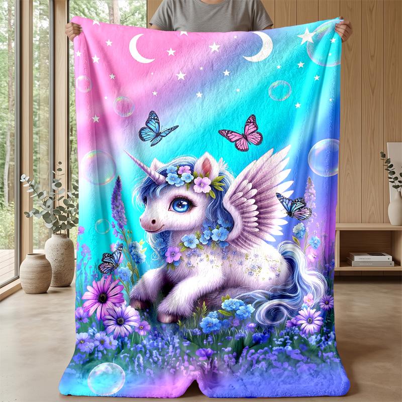 Fantasy Unicorn with Flowers Theme Blanket Lightweight Warm Flannel Blanket Decorative Throw Blanket for Home Decoration