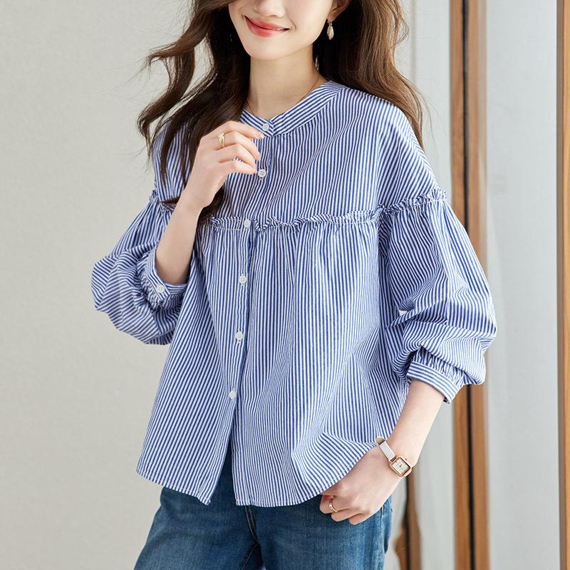 Polka Dot Round Neck Top Womens Long-sleeved Summer Comfortable Fit Everyday Tops Wood Ears Pure Cotton Top