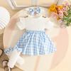 Cross0 Baby Girl Plaid Dress Set: Summer Short-Sleeve Dress + Bow Foot Cover + Hair Tie