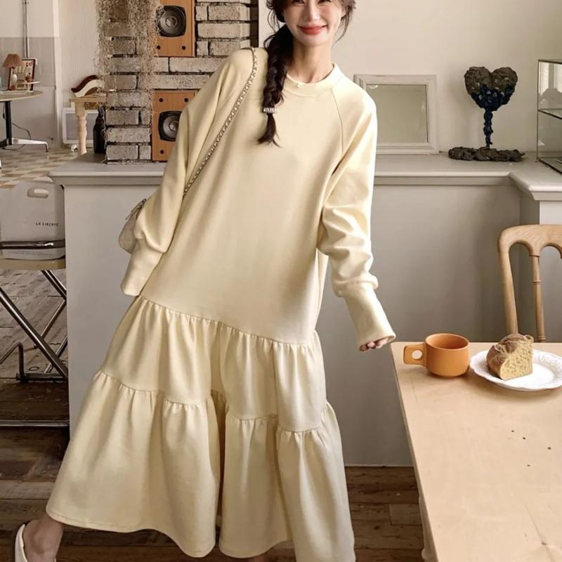 Ruffled Long Sleeve Long Dress Spring Autumn Loose Fit Tummy-Hiding Slimming A-Line Skirt