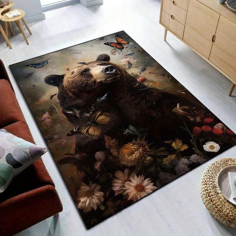 Tappeto Area a Tema Orso e Farfalla per Soggiorno - Morbido Tappeto in Peluche con Motivo Naturale, Accogliente Decorazione per la Casa Tappeto Antiscivolo
