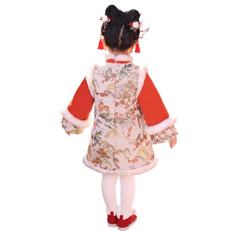 Girls' Winter Hanfu Cheongsam: Fleece-Lined Cotton Dress for Baby's First Birthday