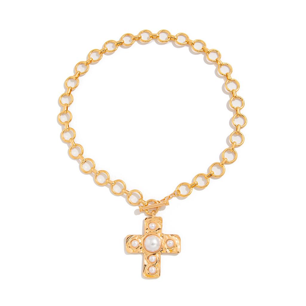 Design Liquid Metal Cross Pendant Necklace Femininity Slightly Inlaid Imitation Pearl Beaded Necklace