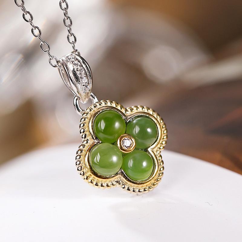 

925 Sterling Silver Jewelry Natural Jade Crystal Plants Flower Jewelry Set Necklace Rings for Women Wedding Party Friend Gift Silver Plated