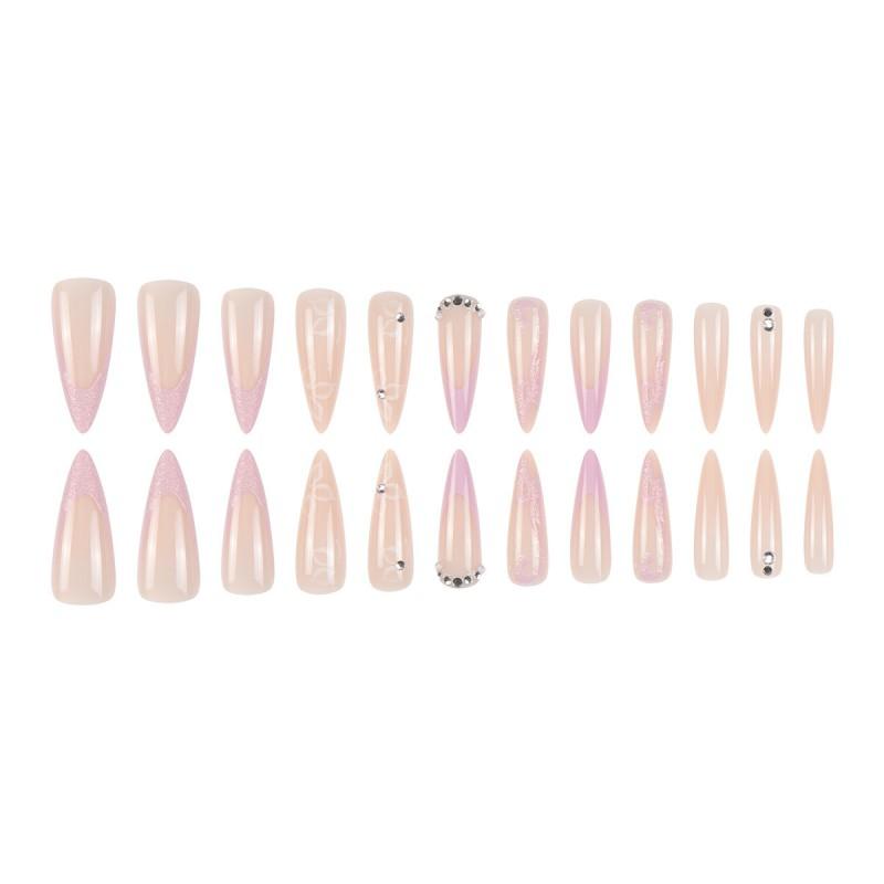 24pcs Long Pointed Press-On Nails With Floral Design Soft Skin Tone Rhinestone Accents Sweet INS Style Women