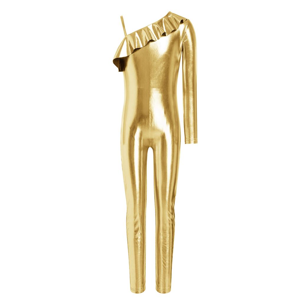 Girls Metallic Jumpsuit One Shoulder Long Sleeve Side Invisible Zipper Shiny Bodysuit Performance Dancewear