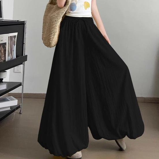 Women Pants Elastic Waistband Adjustable Drawstring Wide Leg Bud Skirt Pants with Pockets Pure Color Loose Fit Summer Pants Daily Wear