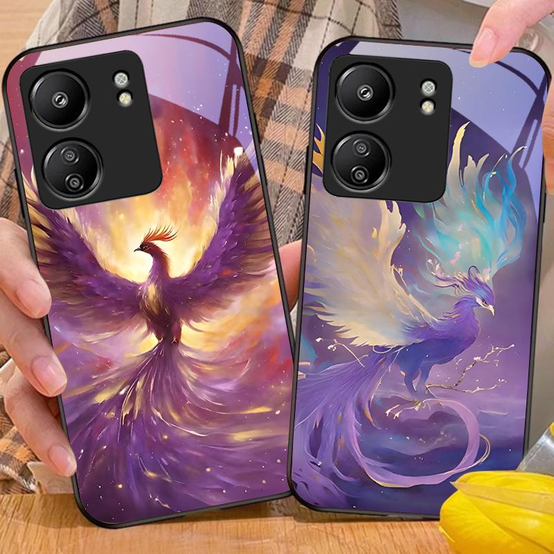 Golden Phoenix Purple For Xiaomi Redmi 13C Note13 12 Pro Plus 5G Note 9 13T Pro POCO X6 F5 F6 Black Tempered Glass Phone Case