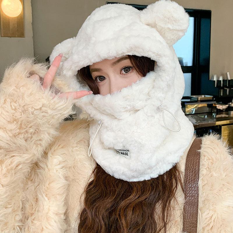 Fleece Thick Mask Scarf Integrated Cycling Warm Women's Scarf One-piece Plush Bear Ear Hat Men