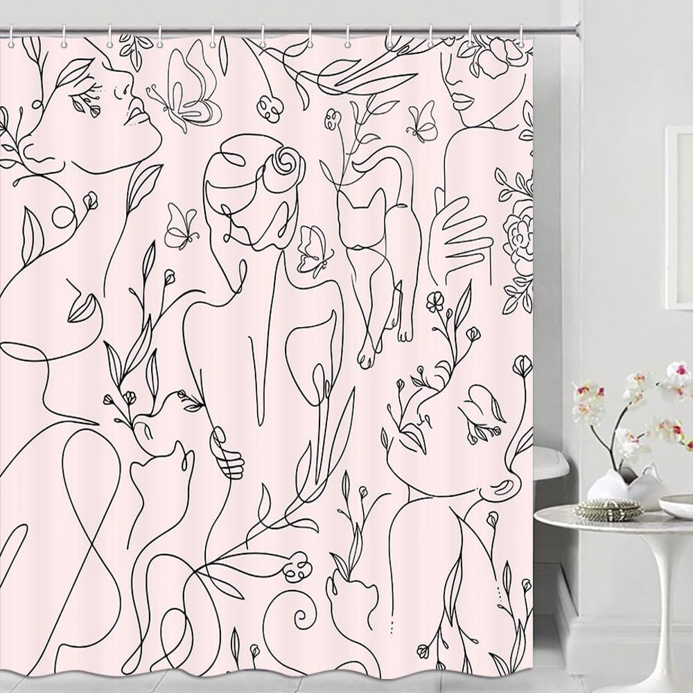 Black Line Female Face Shower Curtain Floral Butterfly Silhouette Simple Art Aesthetic Bathroom Decorative Curtain Waterproof