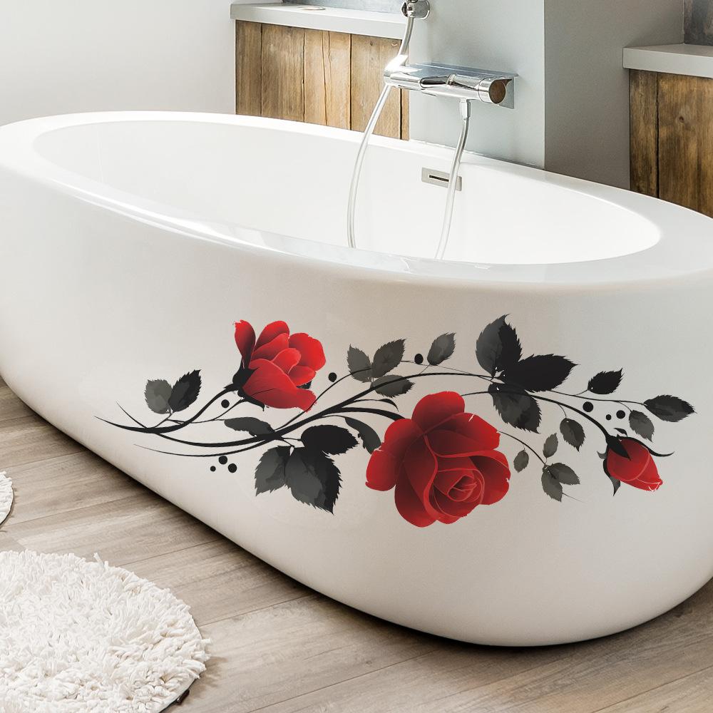 Painted Red Roses and Black Leaves, Bathroom and Home Wall Decoration Stickers
