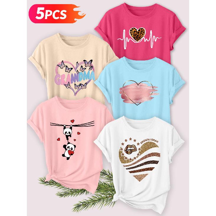 Five-piece set Elegant short-sleeved shirt for women Fun Panda Heart Series Printed Round Neck Women's Short Sleeve Shirt Suitable for Spring and