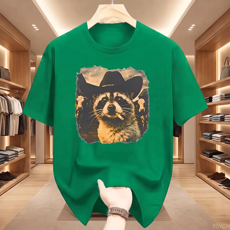 Funny Cowboy Raccoon Unisex Unisex Tshirt Animal Meme Graphic Tee Vintage Comfortable Short Sleeve Loose Tees Streetwear Tops