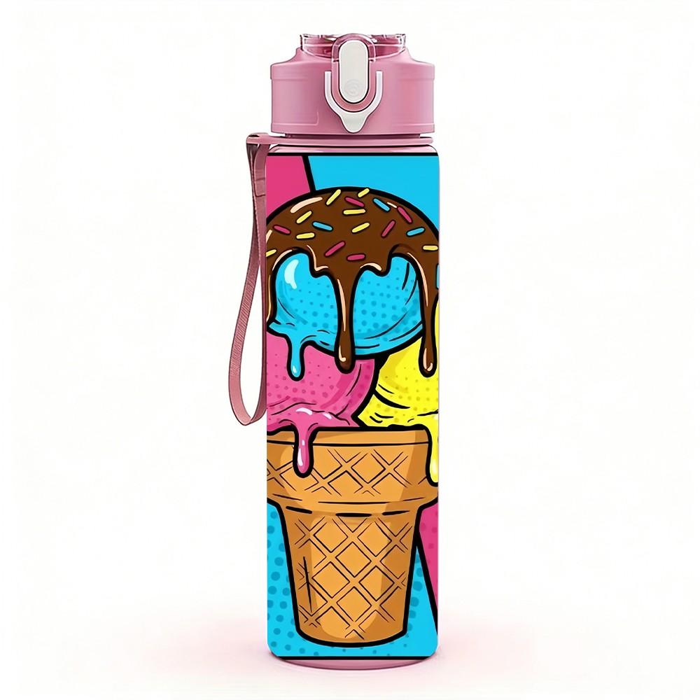 1PC Ice Cream Cone Pop Comic Burst Background 750ml Color Plastic Sports Water Bottle Leakproof Flip Straw Lid Suitable for Sports Office Home Use