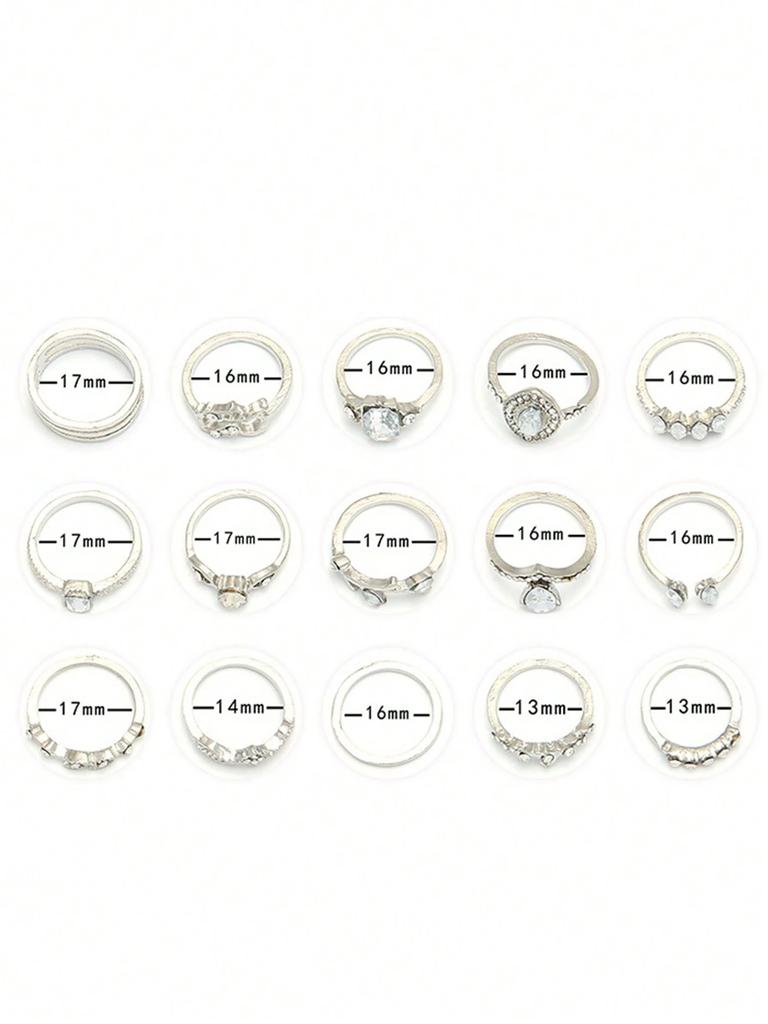 15pcs/Set Knuckle Water Drop Hollow Rhinestone Heart Design Open Rings Vintage Silver Color Women Ring Valentines Jewelry Gifts