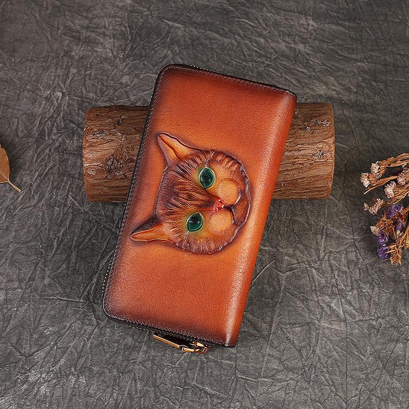 Длинные кошельки из натуральной кожи для мужчин и женщин с тиснением в виде головы кошки, сумки-молнии для телефонов и сумок 19.5cm*10.5cm*2.5cm коричневый