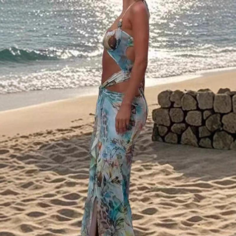 Hot-Selling Summer Strapless Tie-Up Print Slit Dress
