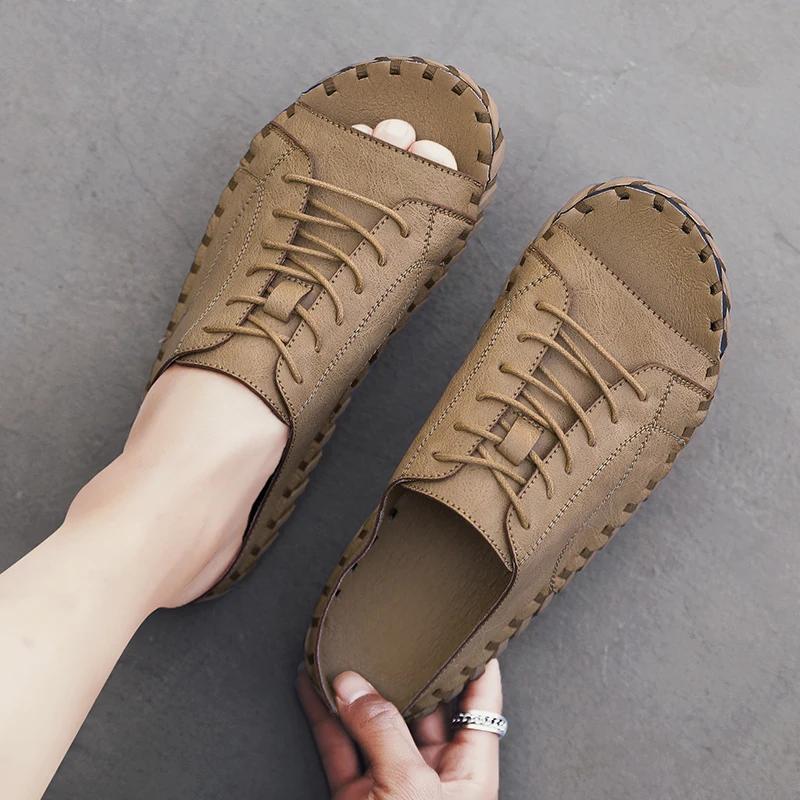 New New Casual Top Leather Slippers Handmade with Personalized Lace Up and Super Fiber Leather Sandals Plus Size 39-46